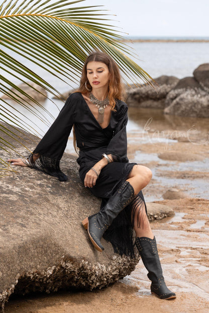 Black Silk Wrap Dress: Bohemian Goddess Gown with Fringe