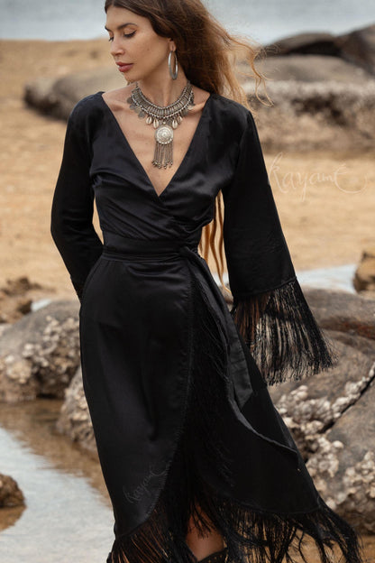 Black Silk Wrap Dress: Bohemian Goddess Gown with Fringe