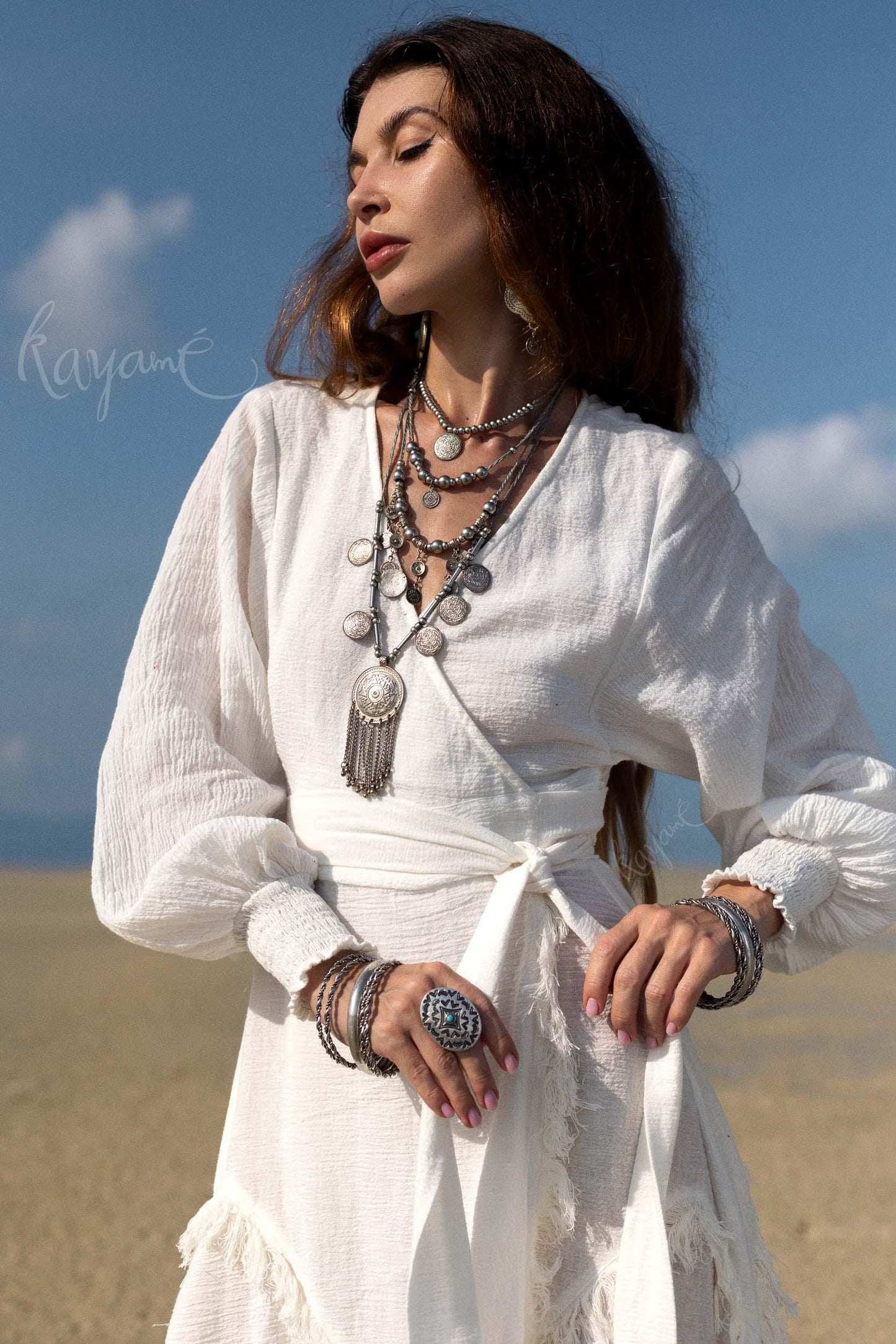 BOHO LINEN DRESS ꧁Kayame꧂ White linen dress •  Linen wrap dress  • Linen wedding dress •  White goddess dress • Linen maxi fringe dress