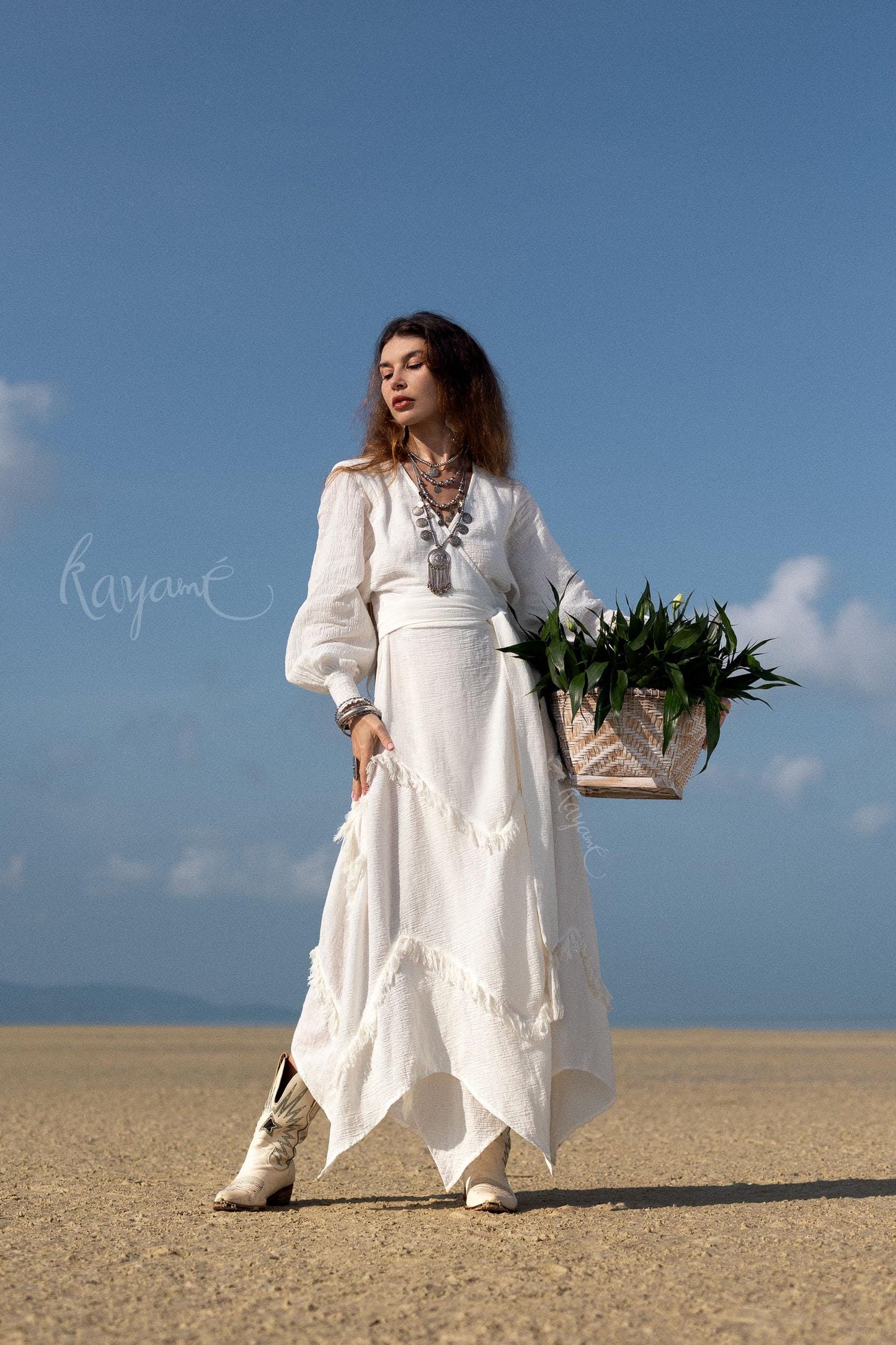 BOHO LINEN DRESS ꧁Kayame꧂ White linen dress •  Linen wrap dress  • Linen wedding dress •  White goddess dress • Linen maxi fringe dress