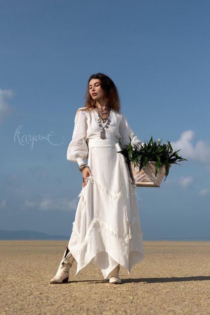 BOHO LINEN DRESS ꧁Kayame꧂ White linen dress •  Linen wrap dress  • Linen wedding dress •  White goddess dress • Linen maxi fringe dress