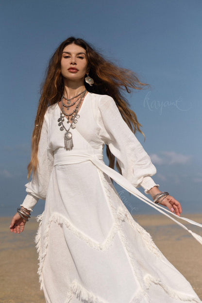 BOHO LINEN DRESS ꧁Kayame꧂ White linen dress •  Linen wrap dress  • Linen wedding dress •  White goddess dress • Linen maxi fringe dress