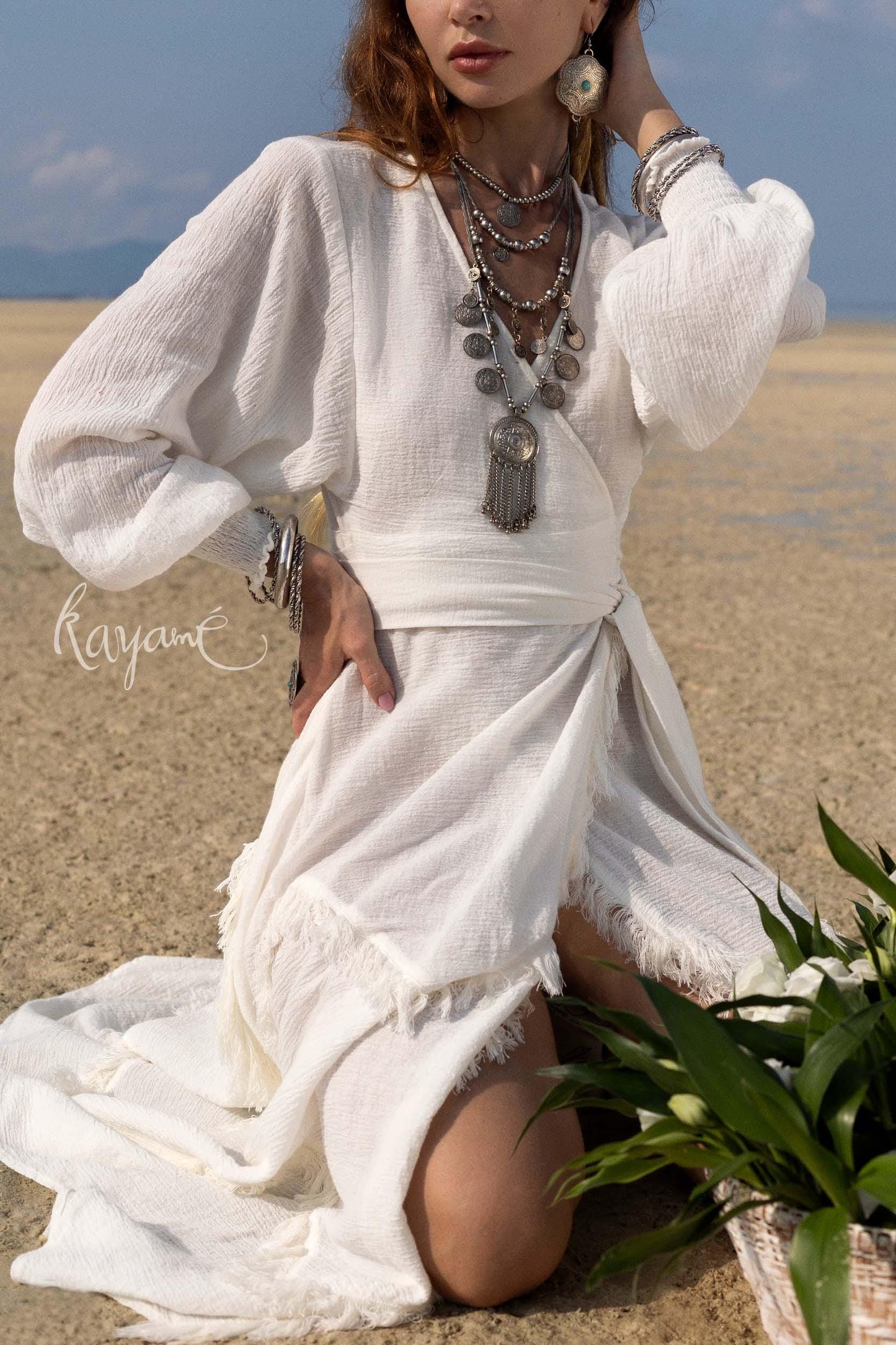 BOHO LINEN DRESS ꧁Kayame꧂ White linen dress •  Linen wrap dress  • Linen wedding dress •  White goddess dress • Linen maxi fringe dress