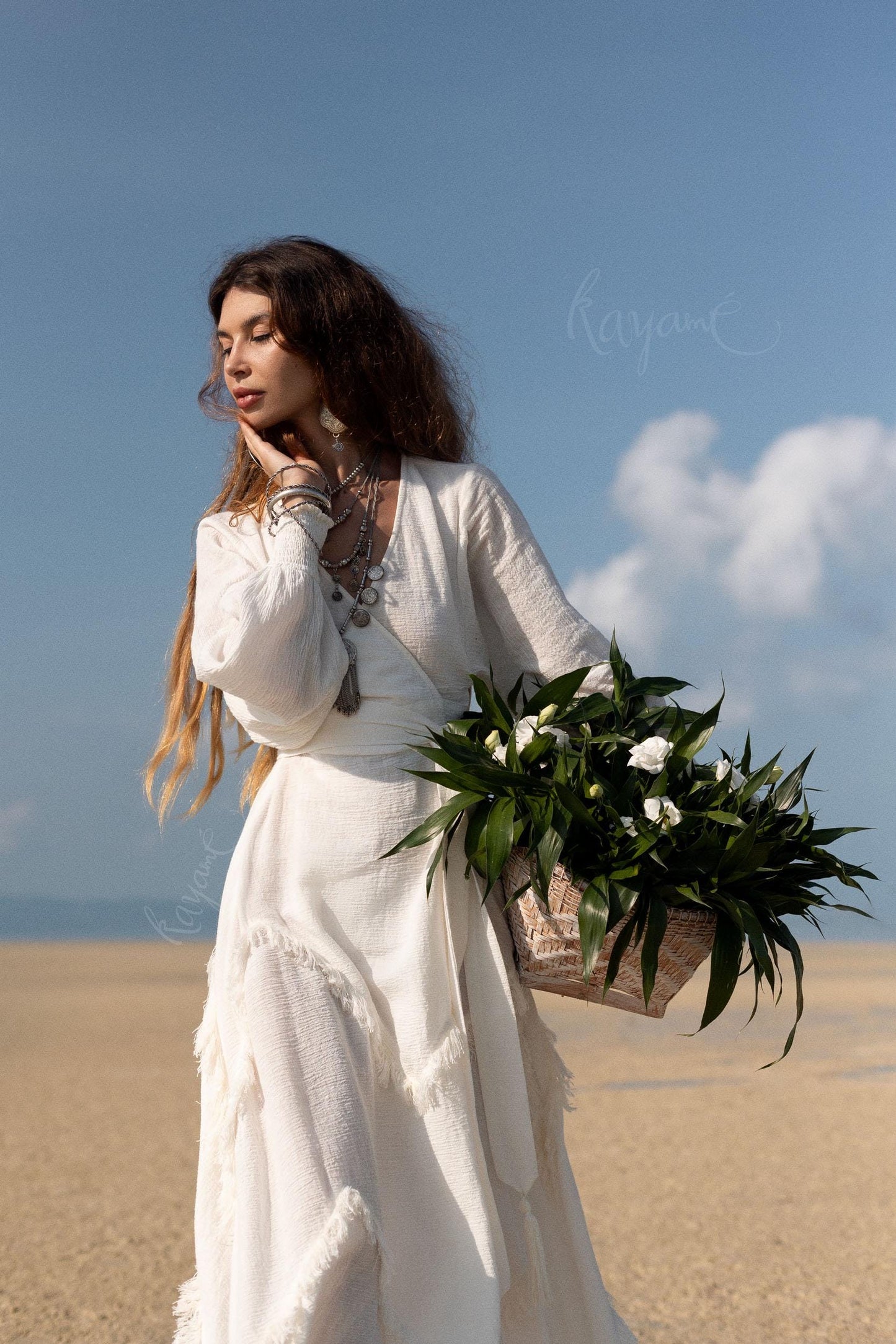 BOHO LINEN DRESS ꧁Kayame꧂ White linen dress •  Linen wrap dress  • Linen wedding dress •  White goddess dress • Linen maxi fringe dress