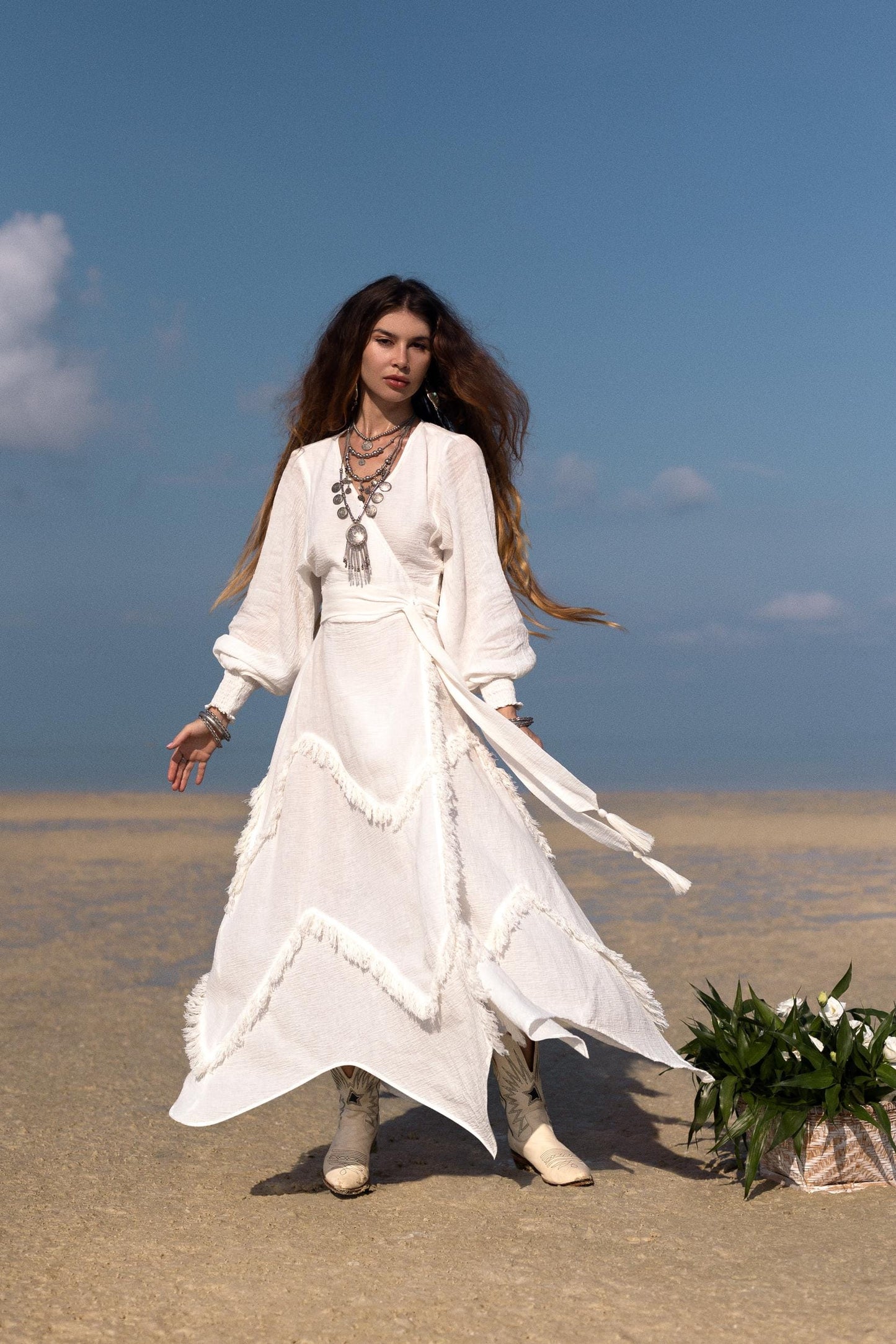 BOHO LINEN DRESS ꧁Kayame꧂ White linen dress •  Linen wrap dress  • Linen wedding dress •  White goddess dress • Linen maxi fringe dress