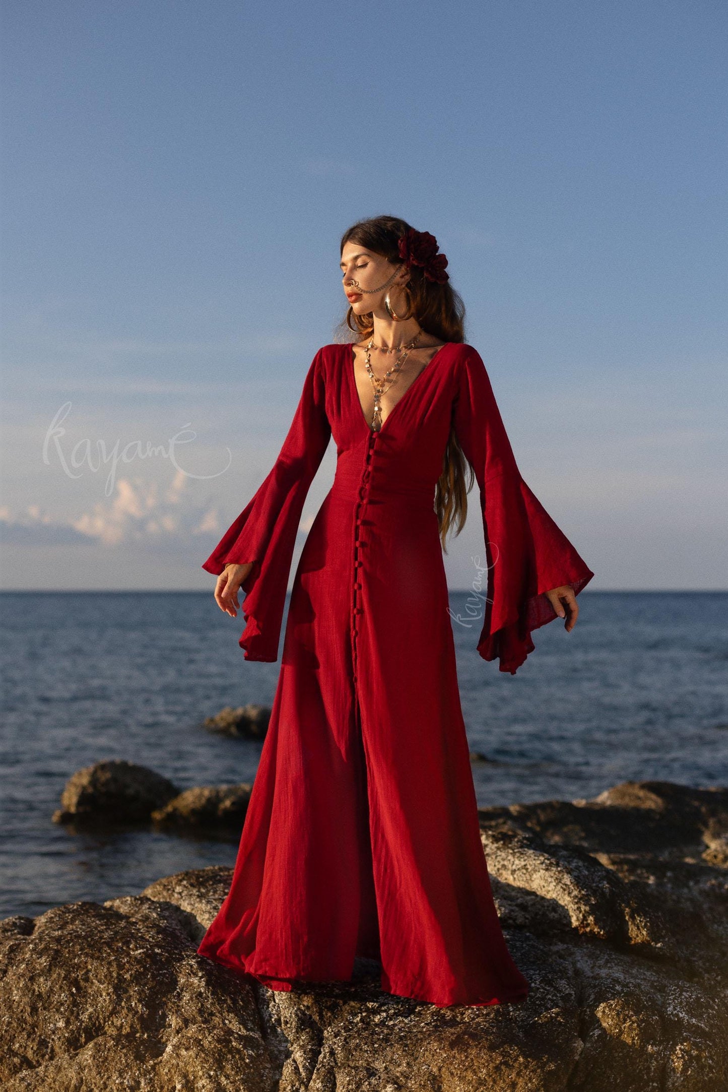 RED ELVEN DRESS • Goddess dress • Red boho dress • Medieval dress • Priestess dress • Dark red dress • Maxi boho dress •  Fairy dress