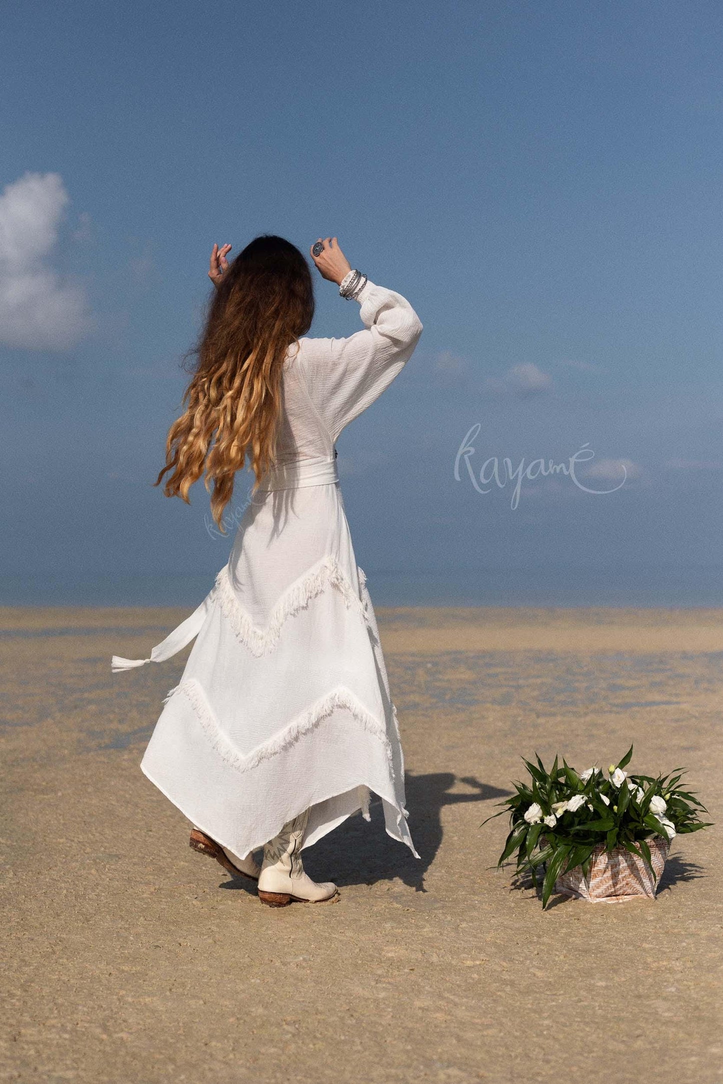 BOHO LINEN DRESS ꧁Kayame꧂ White linen dress •  Linen wrap dress  • Linen wedding dress •  White goddess dress • Linen maxi fringe dress