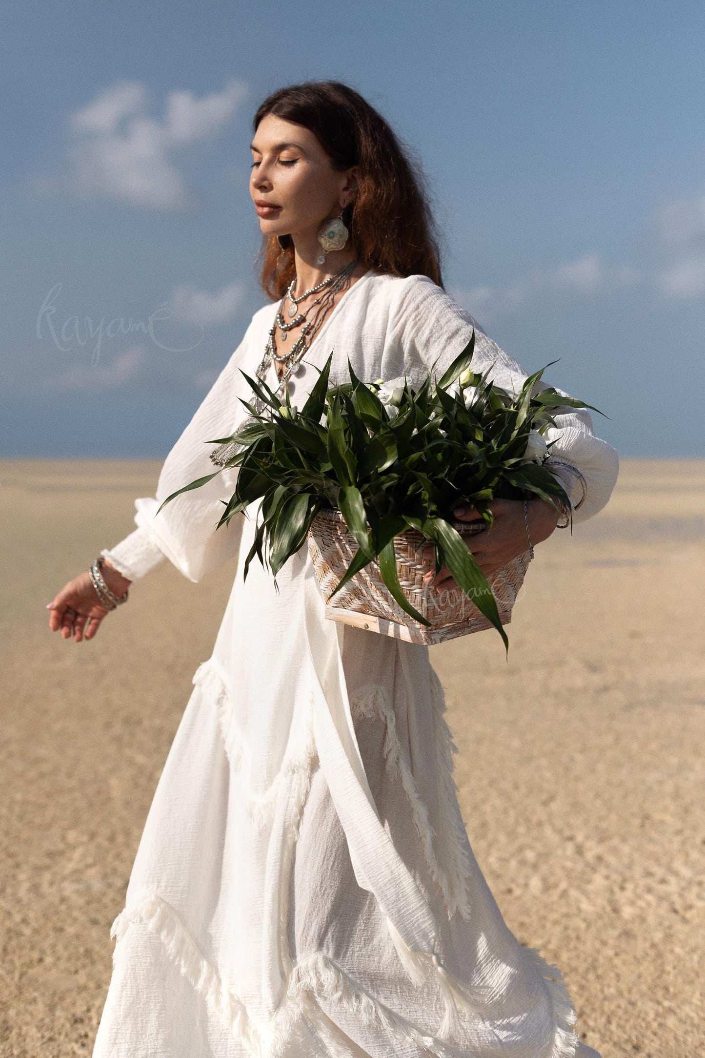 BOHO LINEN DRESS ꧁Kayame꧂ White linen dress •  Linen wrap dress  • Linen wedding dress •  White goddess dress • Linen maxi fringe dress