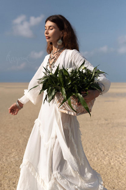 BOHO LINEN DRESS ꧁Kayame꧂ White linen dress •  Linen wrap dress  • Linen wedding dress •  White goddess dress • Linen maxi fringe dress
