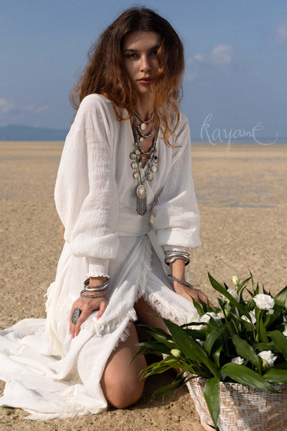 BOHO LINEN DRESS ꧁Kayame꧂ White linen dress •  Linen wrap dress  • Linen wedding dress •  White goddess dress • Linen maxi fringe dress