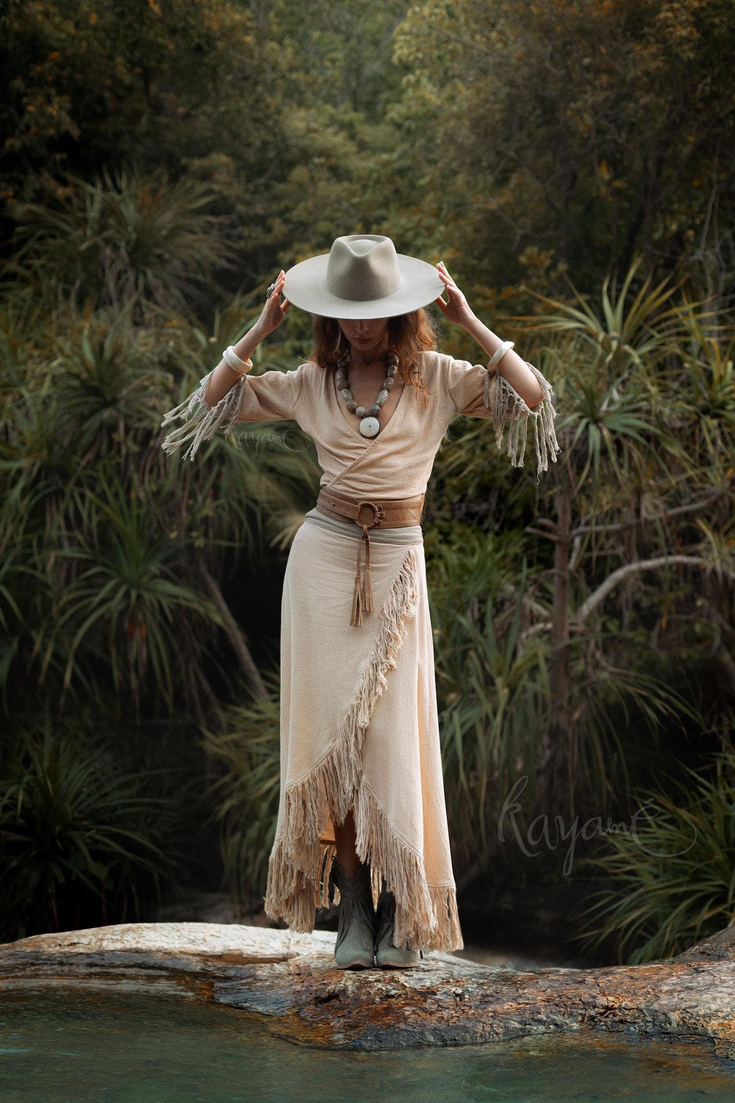 Organic Cotton Two-Piece Set ꧁Kayame꧂ Boho Wrap Top & Tassel Skirt  •  Western Goddess Outfit • Festival boho fringe dress