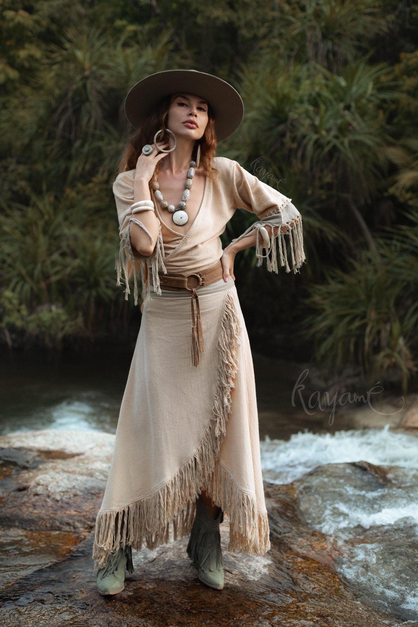Organic Cotton Two-Piece Set ꧁Kayame꧂ Boho Wrap Top & Tassel Skirt  •  Western Goddess Outfit • Festival boho fringe dress