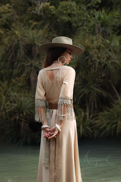Organic Cotton Two-Piece Set ꧁Kayame꧂ Boho Wrap Top & Tassel Skirt  •  Western Goddess Outfit • Festival boho fringe dress