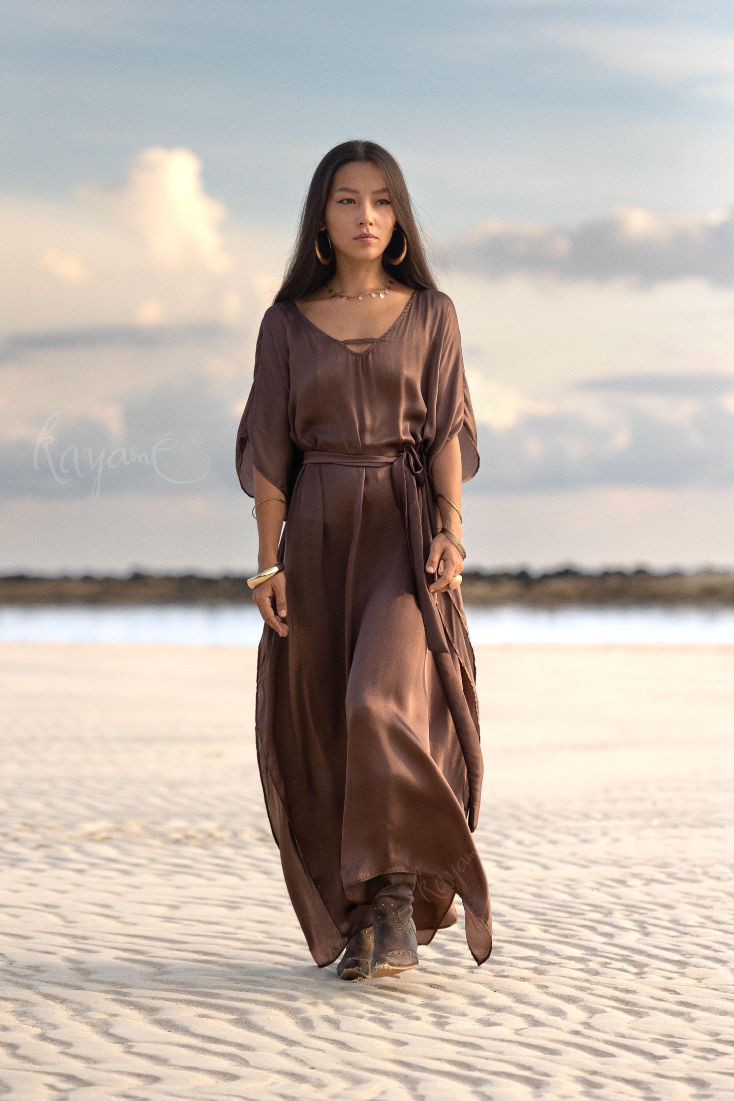 Hand-Dyed Silk Boho Caftan ꧁Kayame꧂ Reversible Goddess Dress • One size caftan • Brown long robe • Evening gown • Bohemian resort wear