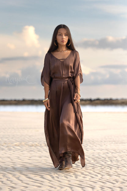 Hand-Dyed Silk Boho Caftan ꧁Kayame꧂ Reversible Goddess Dress • One size caftan • Brown long robe • Evening gown • Bohemian resort wear