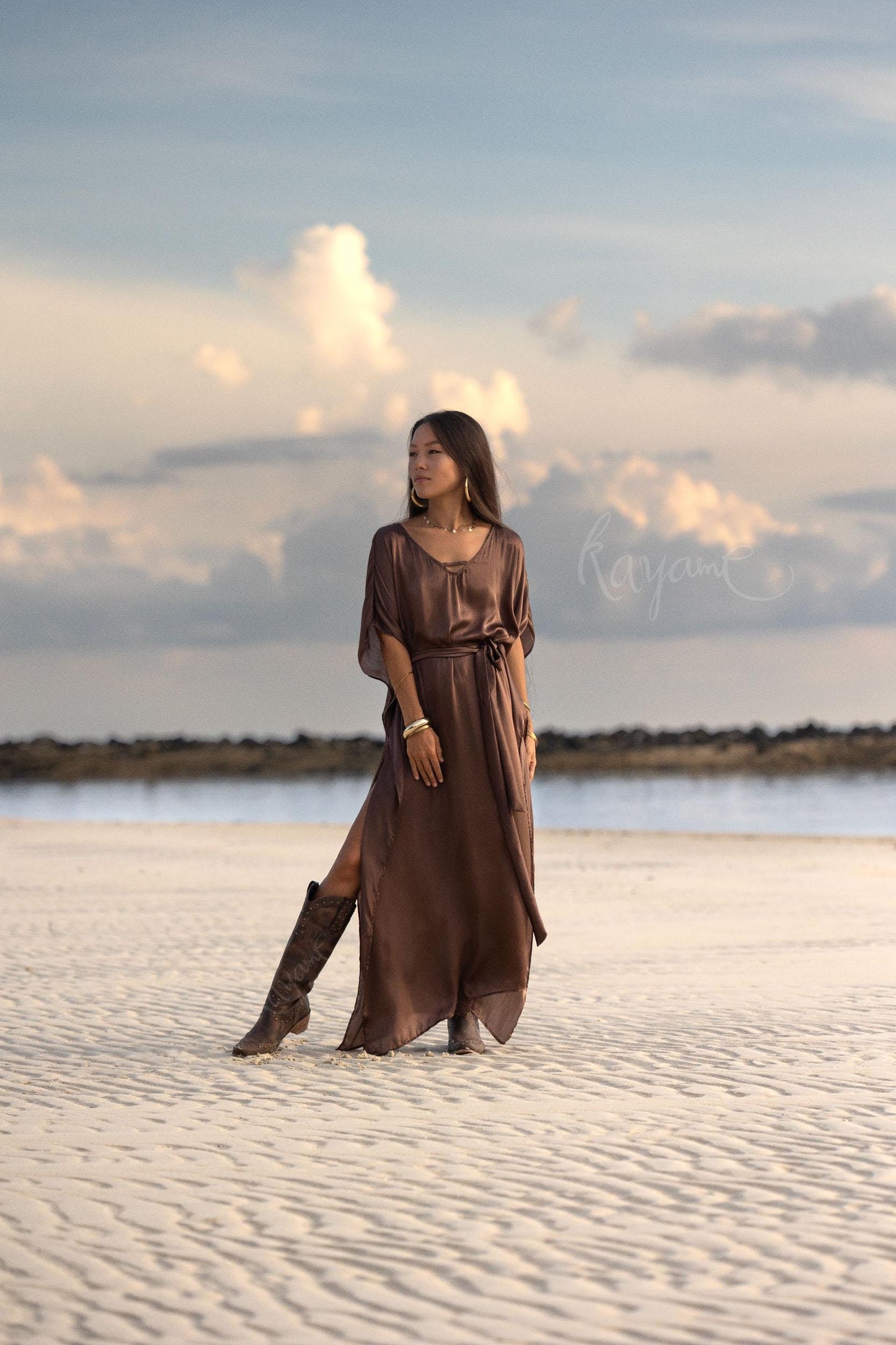 Hand-Dyed Silk Boho Caftan ꧁Kayame꧂ Reversible Goddess Dress • One size caftan • Brown long robe • Evening gown • Bohemian resort wear