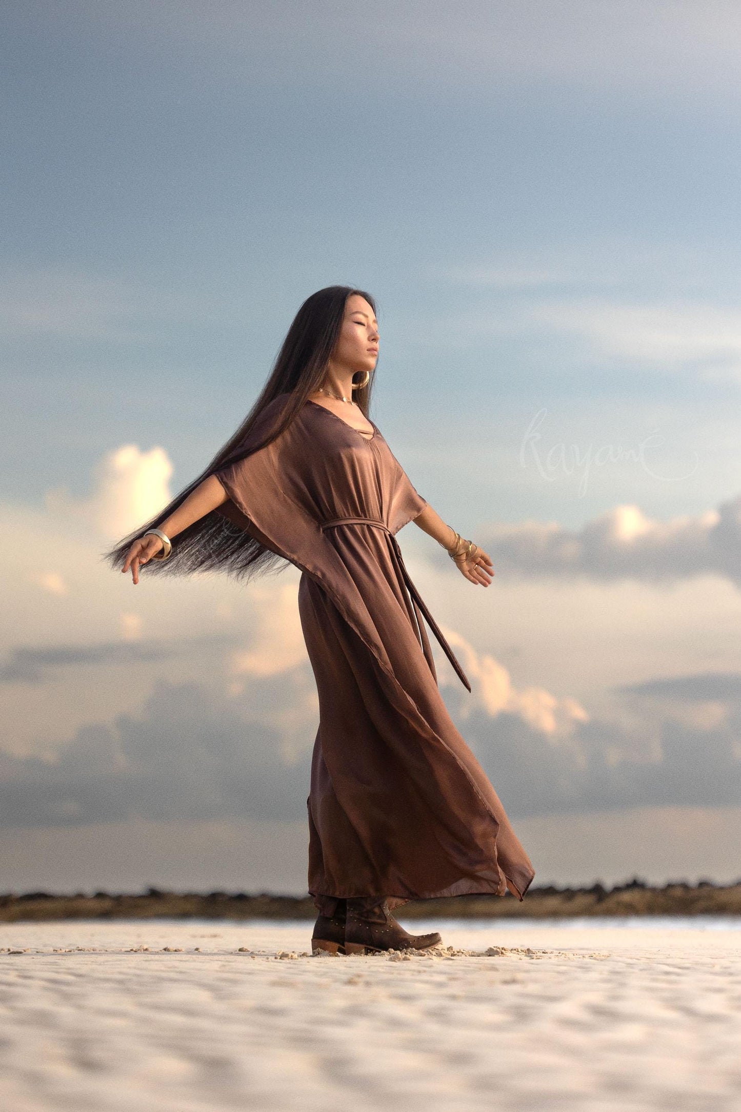 Hand-Dyed Silk Boho Caftan ꧁Kayame꧂ Reversible Goddess Dress • One size caftan • Brown long robe • Evening gown • Bohemian resort wear