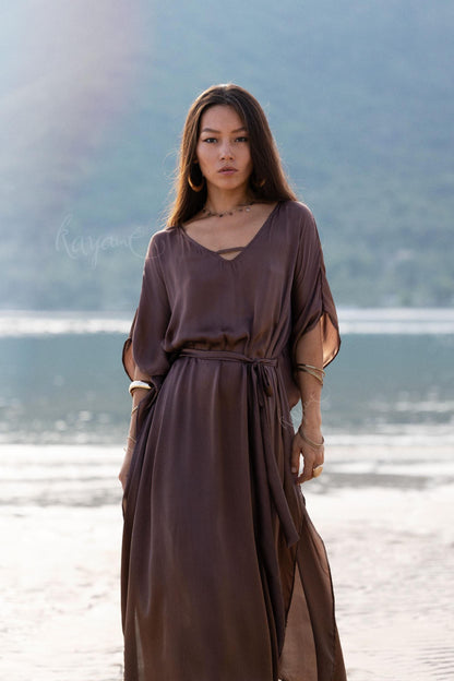 Hand-Dyed Silk Boho Caftan ꧁Kayame꧂ Reversible Goddess Dress • One size caftan • Brown long robe • Evening gown • Bohemian resort wear