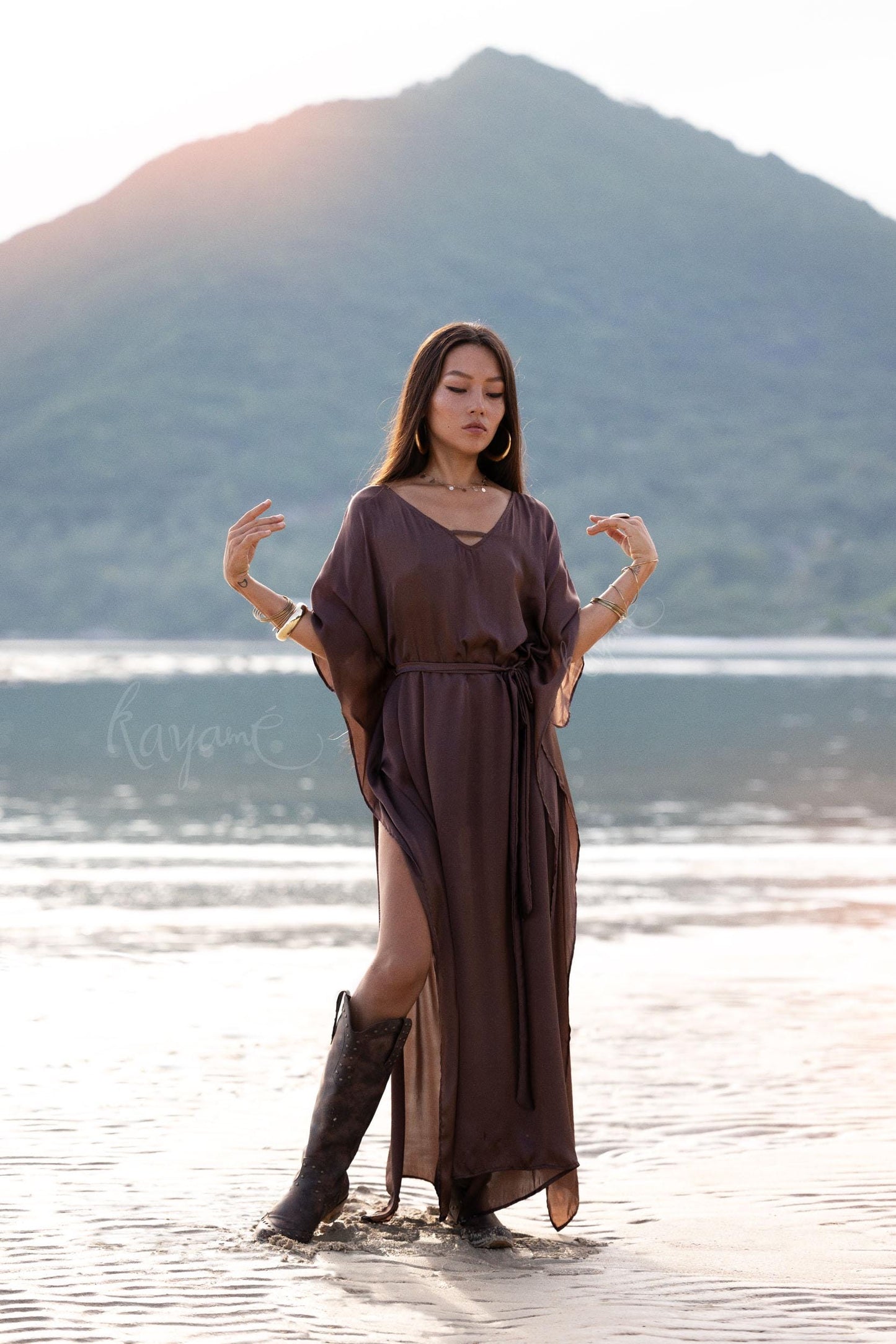 Hand-Dyed Silk Boho Caftan ꧁Kayame꧂ Reversible Goddess Dress • One size caftan • Brown long robe • Evening gown • Bohemian resort wear