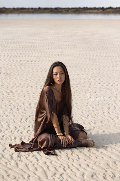 Hand-Dyed Silk Boho Caftan ꧁Kayame꧂ Reversible Goddess Dress • One size caftan • Brown long robe • Evening gown • Bohemian resort wear