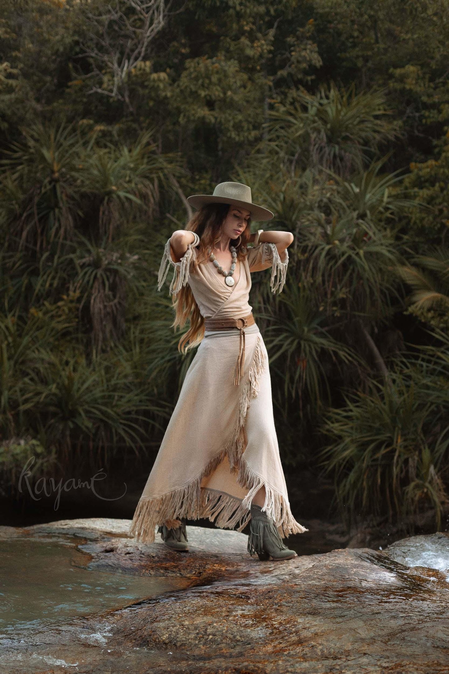 Organic Cotton Two-Piece Set ꧁Kayame꧂ Boho Wrap Top & Tassel Skirt  •  Western Goddess Outfit • Festival boho fringe dress
