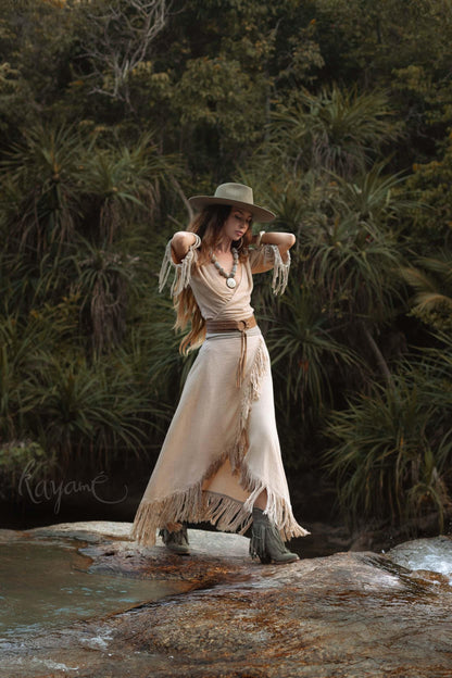 Organic Cotton Two-Piece Set ꧁Kayame꧂ Boho Wrap Top & Tassel Skirt  •  Western Goddess Outfit • Festival boho fringe dress