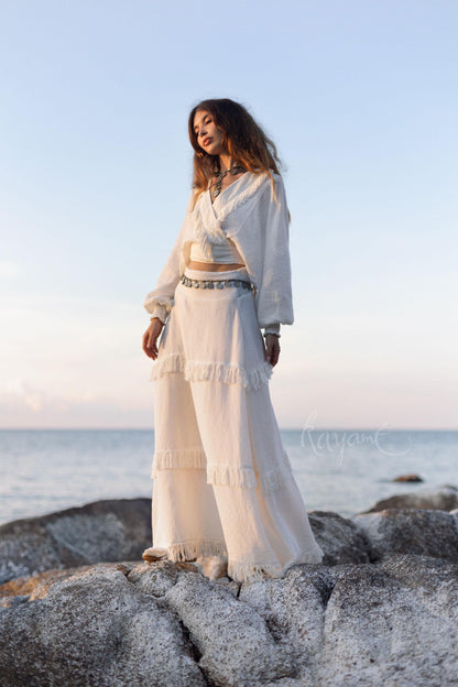 White Linen Maxi Skirt: Organic Cotton Blend, Handmade Fringe