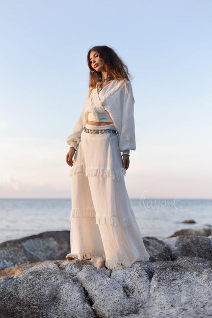White Linen Fringe Set: Boho Wrap Top & Maxi Skirt