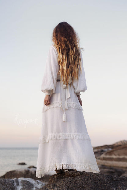 White Linen Fringe Set: Boho Wrap Top & Maxi Skirt