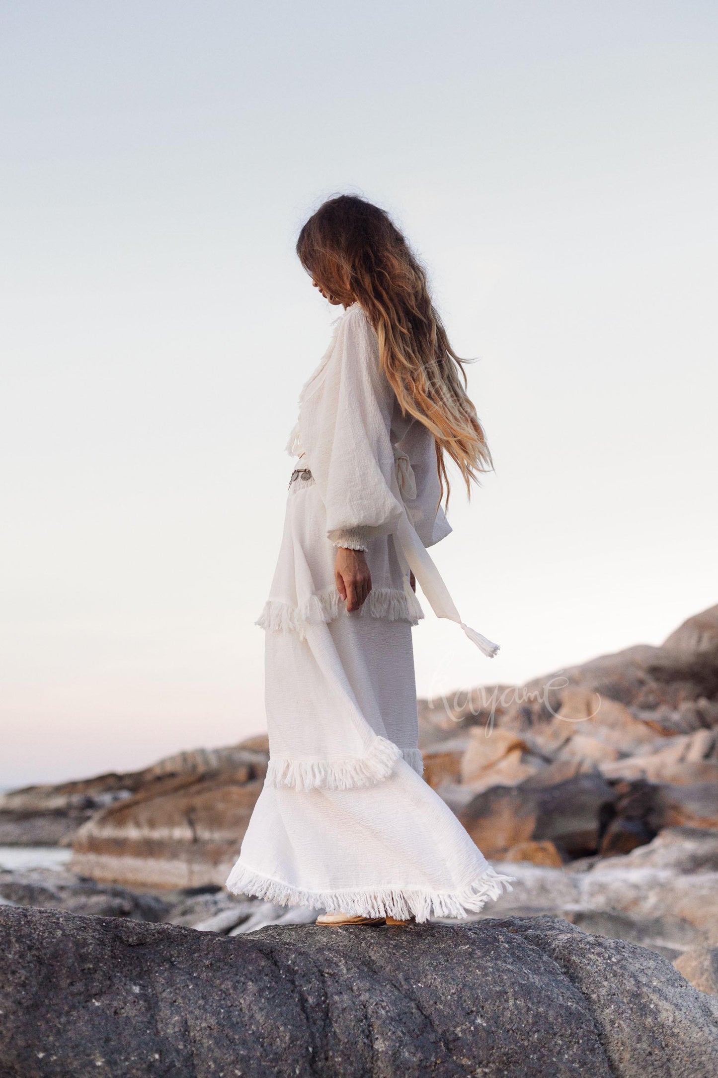 White Linen Fringe Set: Boho Wrap Top & Maxi Skirt