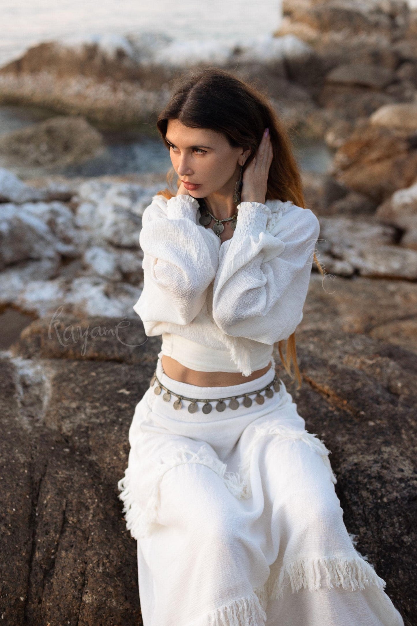 Handmade Linen Wrap Blouse: White Boho Top with Embroidery