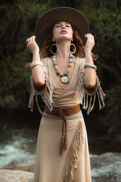 Organic Cotton Two-Piece Set ꧁Kayame꧂ Boho Wrap Top & Tassel Skirt  •  Western Goddess Outfit • Festival boho fringe dress