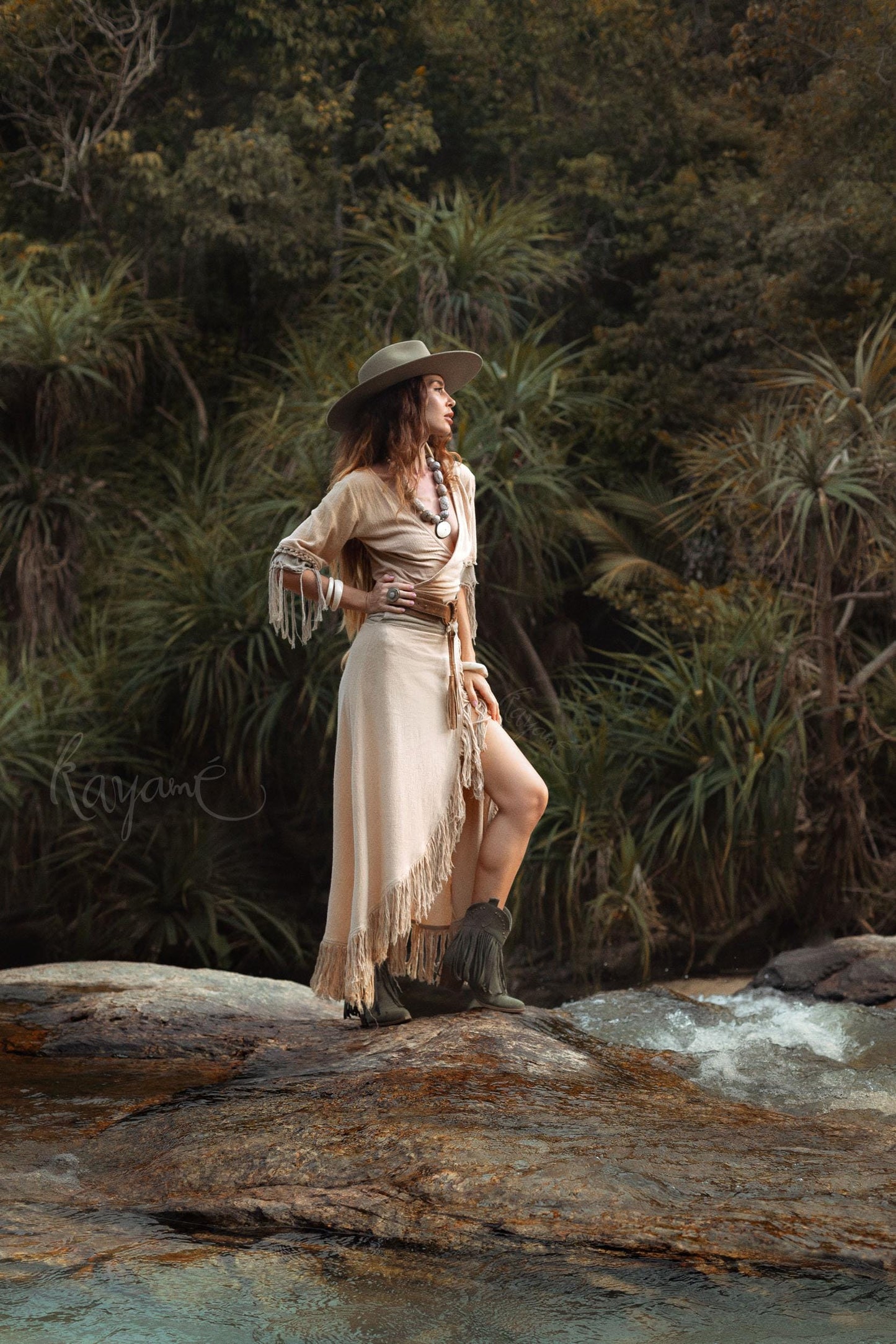 Organic Cotton Two-Piece Set ꧁Kayame꧂ Boho Wrap Top & Tassel Skirt  •  Western Goddess Outfit • Festival boho fringe dress