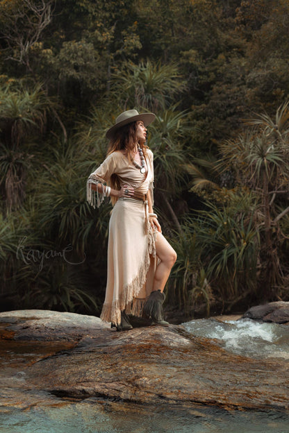 Organic Cotton Two-Piece Set ꧁Kayame꧂ Boho Wrap Top & Tassel Skirt  •  Western Goddess Outfit • Festival boho fringe dress