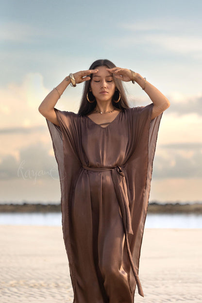 Hand-Dyed Silk Boho Caftan ꧁Kayame꧂ Reversible Goddess Dress • One size caftan • Brown long robe • Evening gown • Bohemian resort wear
