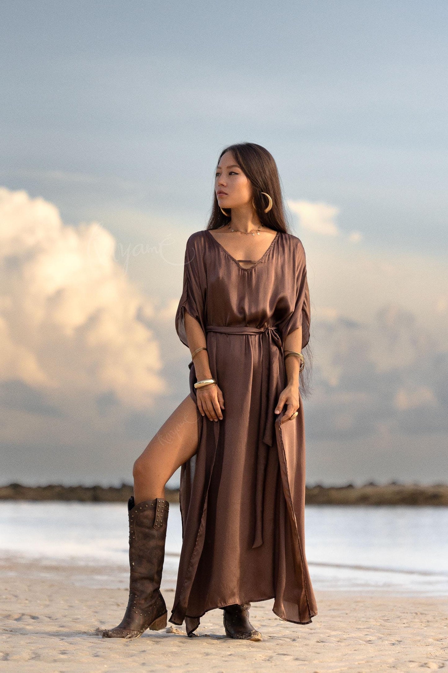 Hand-Dyed Silk Boho Caftan ꧁Kayame꧂ Reversible Goddess Dress • One size caftan • Brown long robe • Evening gown • Bohemian resort wear