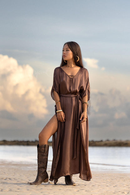 Hand-Dyed Silk Boho Caftan ꧁Kayame꧂ Reversible Goddess Dress • One size caftan • Brown long robe • Evening gown • Bohemian resort wear