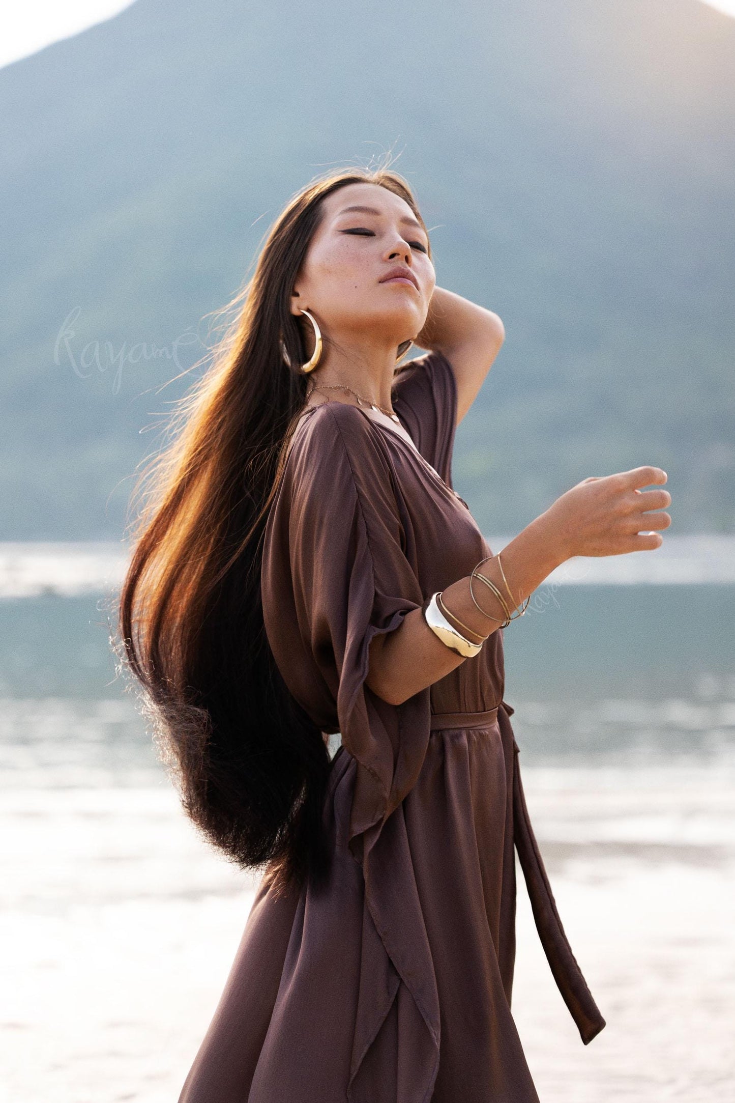 Hand-Dyed Silk Boho Caftan ꧁Kayame꧂ Reversible Goddess Dress • One size caftan • Brown long robe • Evening gown • Bohemian resort wear
