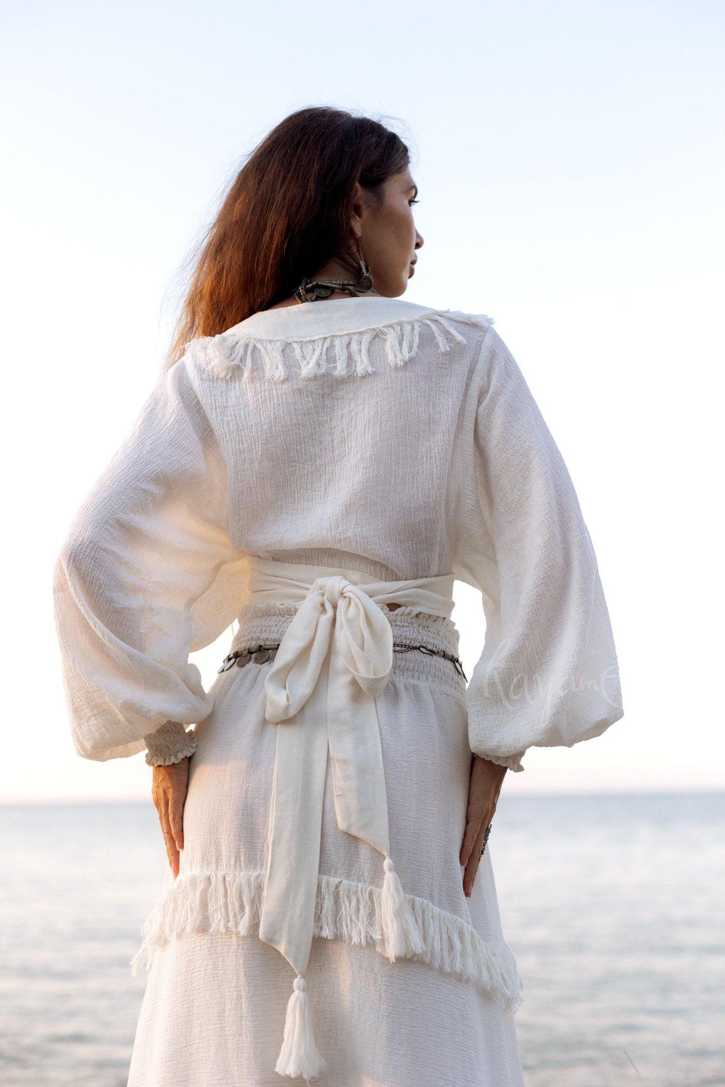 White Linen Fringe Set: Boho Wrap Top & Maxi Skirt