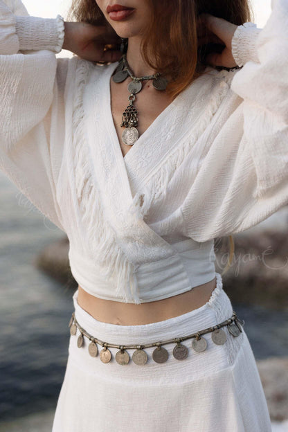 White Linen Fringe Set: Boho Wrap Top & Maxi Skirt
