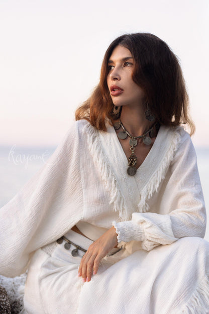 White Linen Fringe Set: Boho Wrap Top & Maxi Skirt