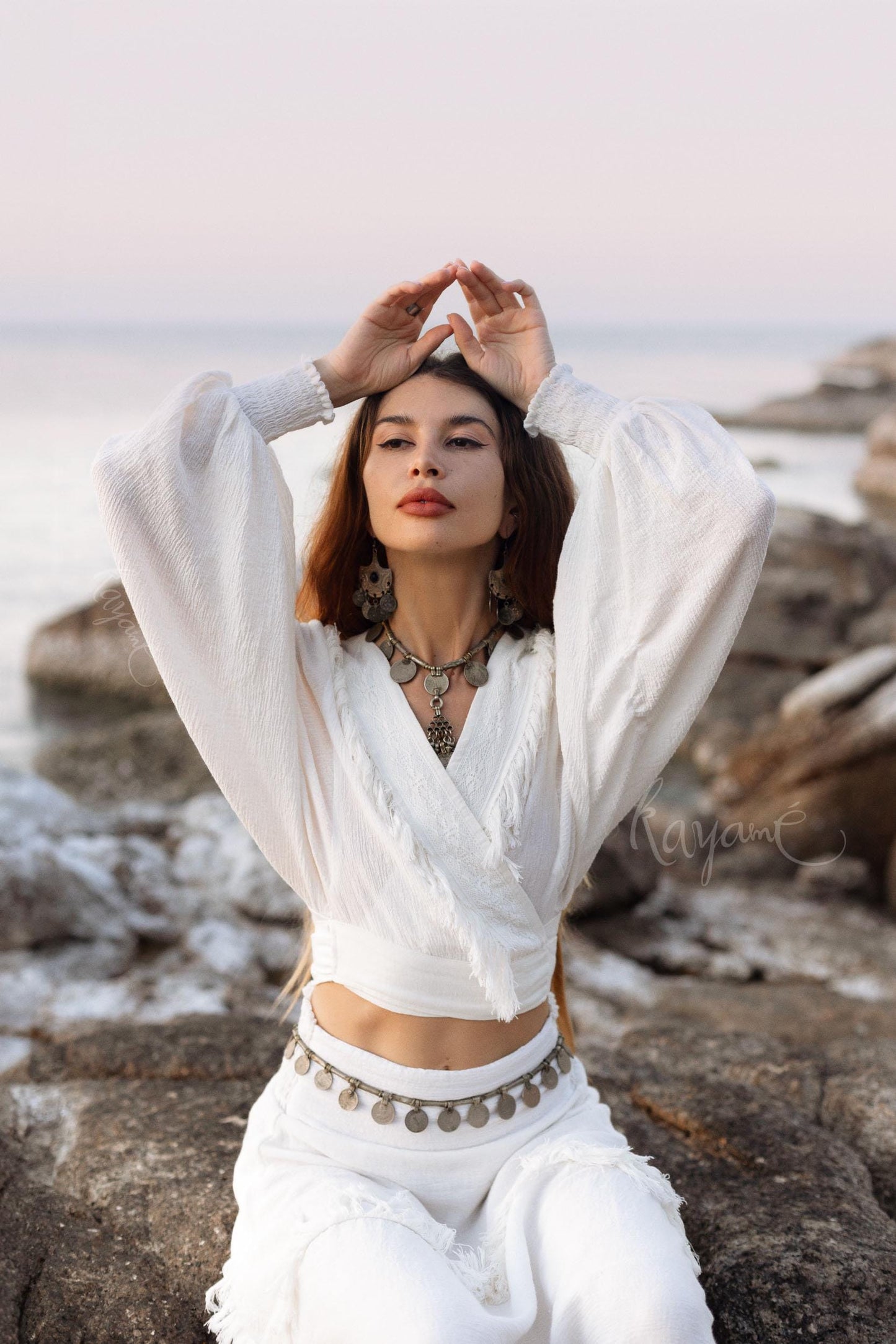 White Linen Fringe Set: Boho Wrap Top & Maxi Skirt