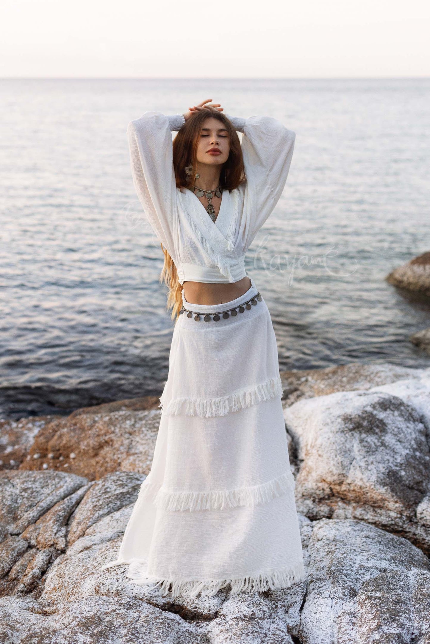Handmade Linen Wrap Blouse: White Boho Top with Embroidery