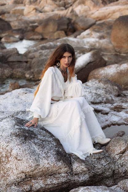 Handmade Linen Wrap Blouse: White Boho Top with Embroidery