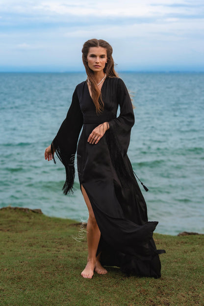Black Silk Maxi Dress ꧁Kayame꧂ • Fringe Sleeve Open Back Boho Gown • Backless Goddess Dress