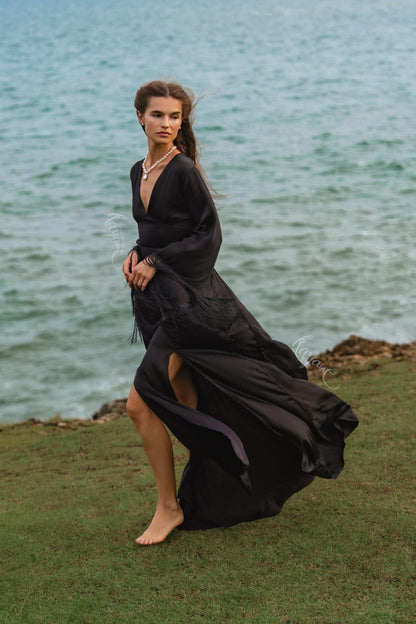 Black Silk Maxi Dress ꧁Kayame꧂ • Fringe Sleeve Open Back Boho Gown • Backless Goddess Dress