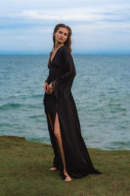 Black Silk Maxi Dress ꧁Kayame꧂ • Fringe Sleeve Open Back Boho Gown • Backless Goddess Dress