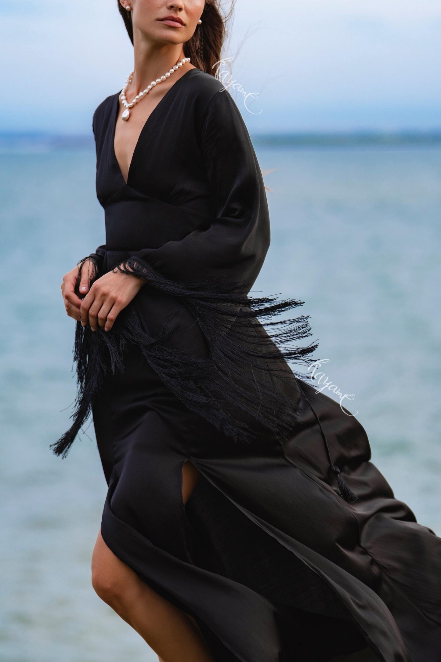 Black Silk Maxi Dress ꧁Kayame꧂ • Fringe Sleeve Open Back Boho Gown • Backless Goddess Dress