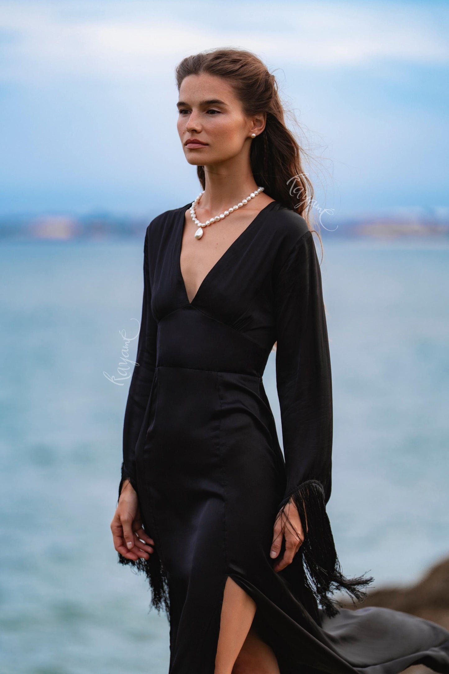Black Silk Maxi Dress ꧁Kayame꧂ • Fringe Sleeve Open Back Boho Gown • Backless Goddess Dress