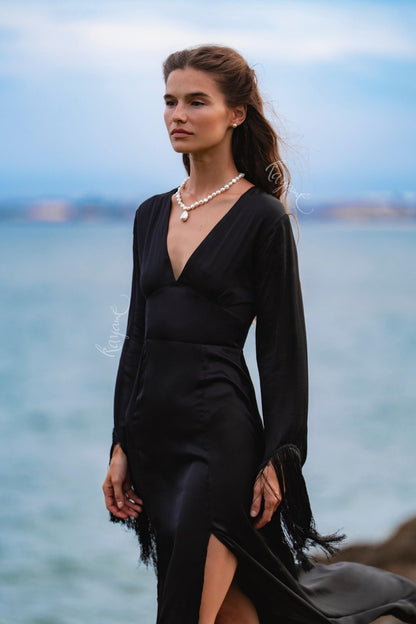 Black Silk Maxi Dress ꧁Kayame꧂ • Fringe Sleeve Open Back Boho Gown • Backless Goddess Dress